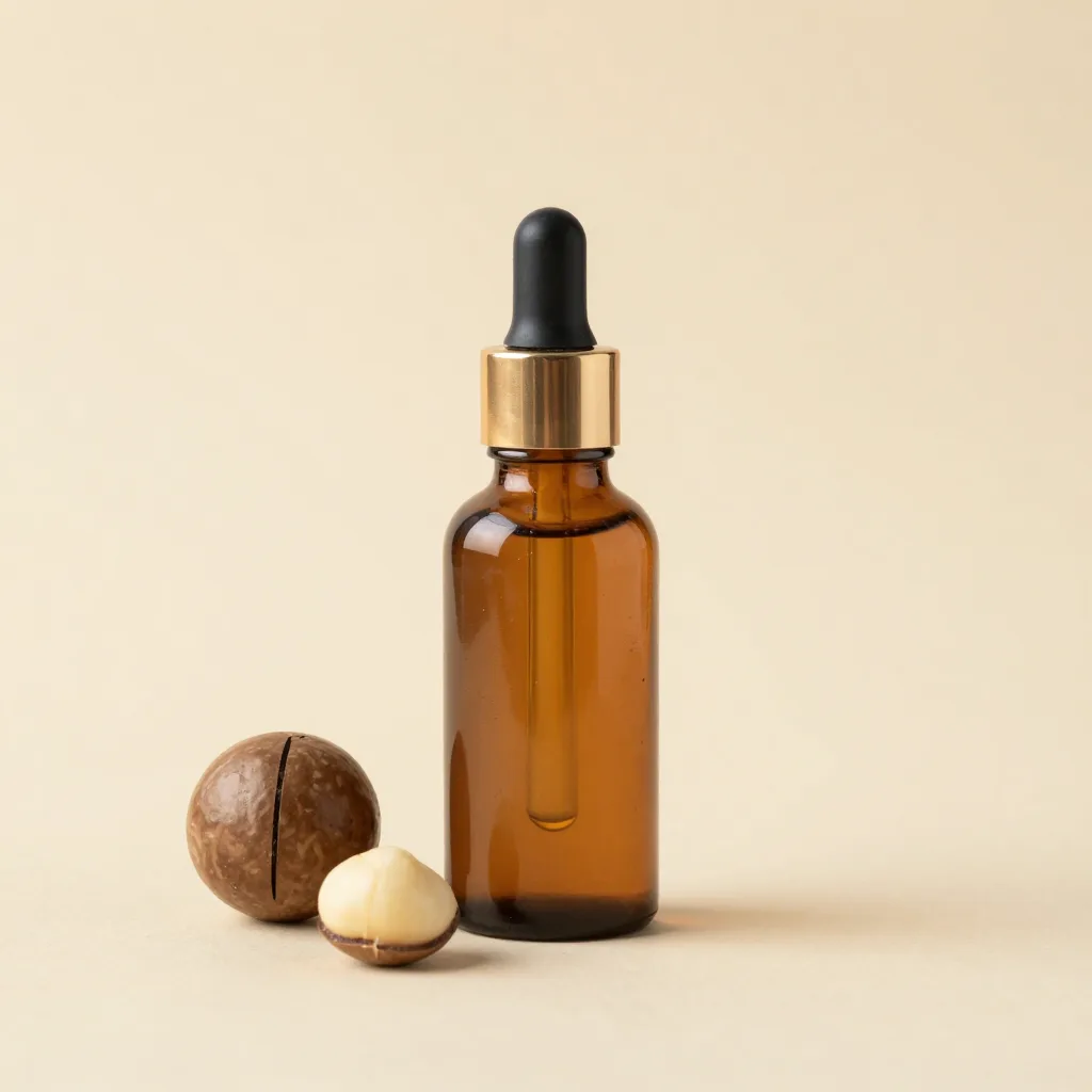 A small amber bottle of macadamia facial serum