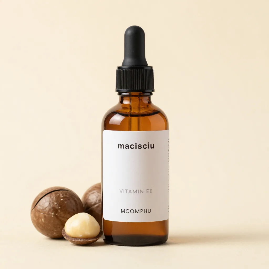 An amber bottle of macadamia and vitamin E serum