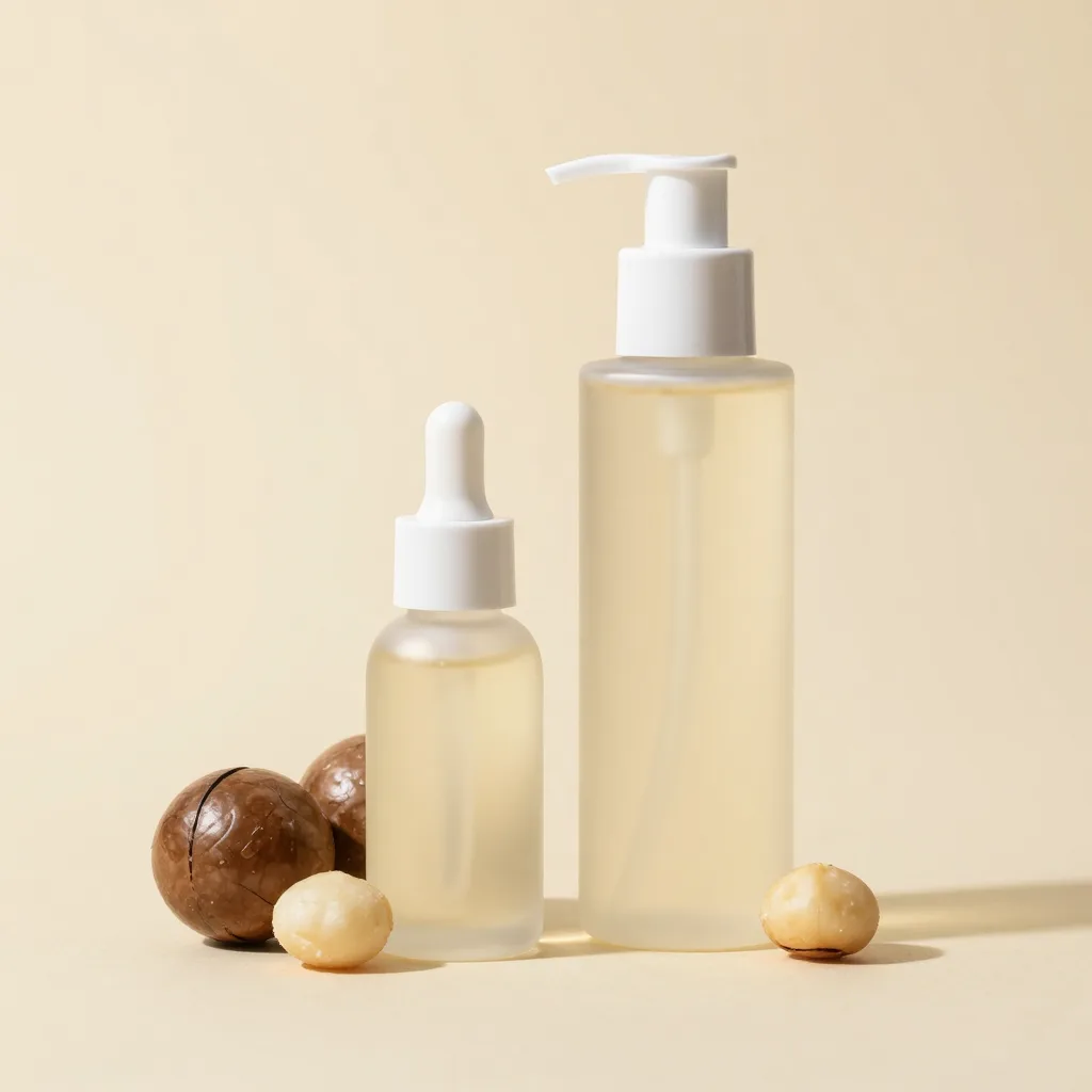 A macadamia serum with a cleanser bottle together