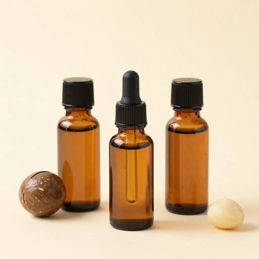 Three small amber bottles of macadamia facial oils together