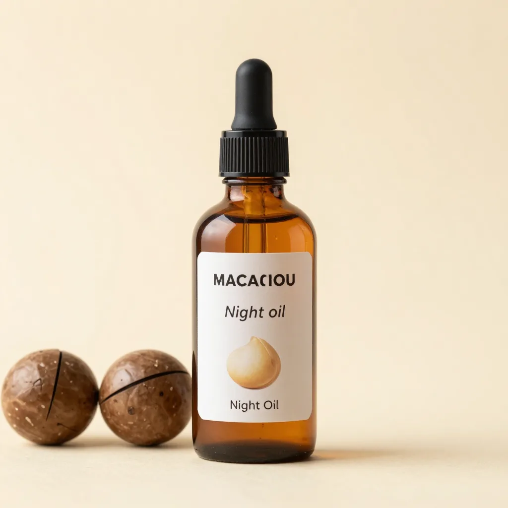 An amber bottle of macadamia night oil